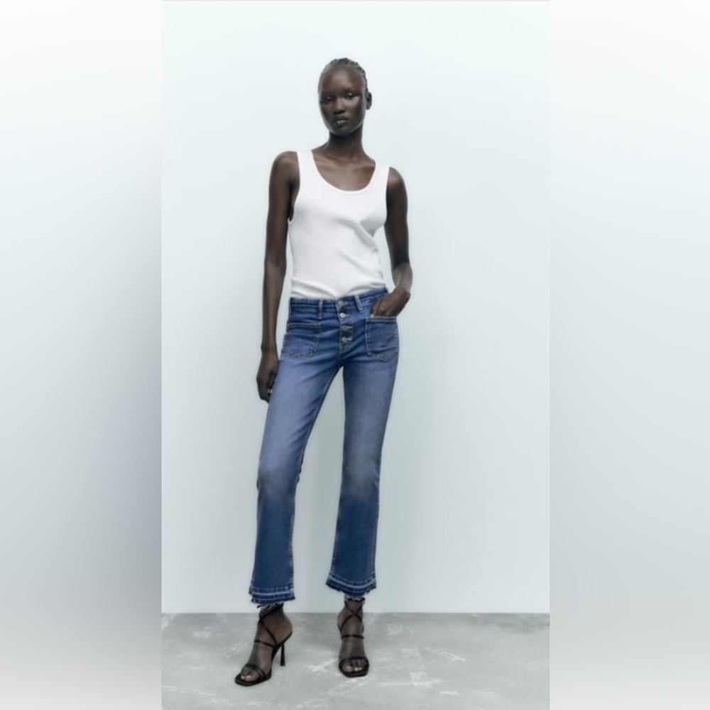 Zara low rise straight blue stretchy button mini jeans size 8 US/ 29